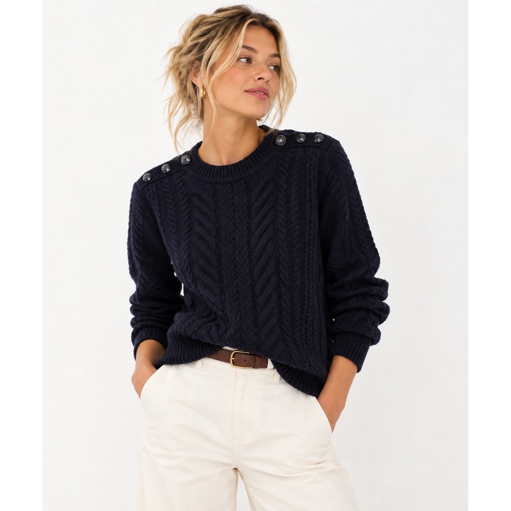 NEW J.Crew Cable Knit Sweater Womens M Navy Blue Button Shoulder Wool E5683